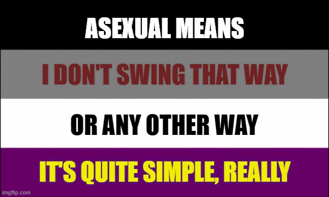 Do you get it? | ASEXUAL MEANS; I DON'T SWING THAT WAY; OR ANY OTHER WAY; IT'S QUITE SIMPLE, REALLY | image tagged in ace flag | made w/ Imgflip meme maker