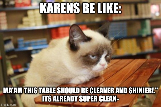 Karens be like: | KARENS BE LIKE:; MA'AM THIS TABLE SHOULD BE CLEANER AND SHINIER!."


ITS ALREADY SUPER CLEAN- | image tagged in memes,grumpy cat table,grumpy cat | made w/ Imgflip meme maker