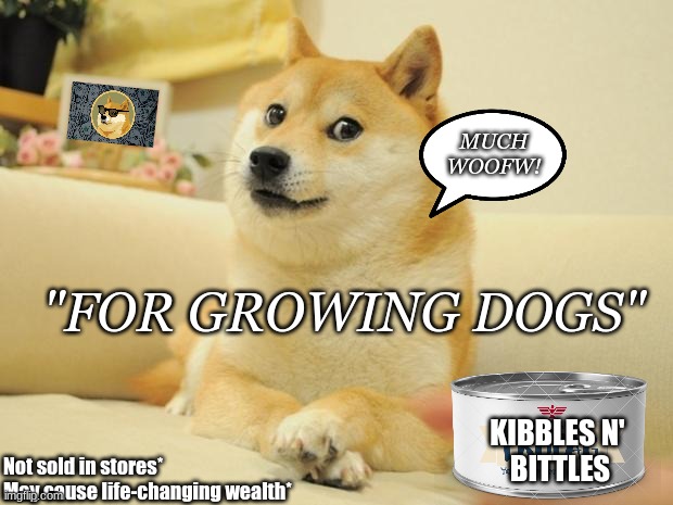 Kibbles N' Bittles | MUCH
WOOFW! "FOR GROWING DOGS"; Not sold in stores* 
May cause life-changing wealth*; KIBBLES N' 
BITTLES | image tagged in memes,doge 2,doge,dogecoin,cryptocurrency | made w/ Imgflip meme maker