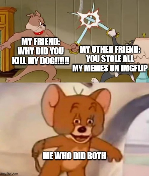 Tom and Spike fighting | MY FRIEND: WHY DID YOU KILL MY DOG!!!!!! MY OTHER FRIEND: YOU STOLE ALL MY MEMES ON IMGFLIP; ME WHO DID BOTH | image tagged in tom and spike fighting | made w/ Imgflip meme maker