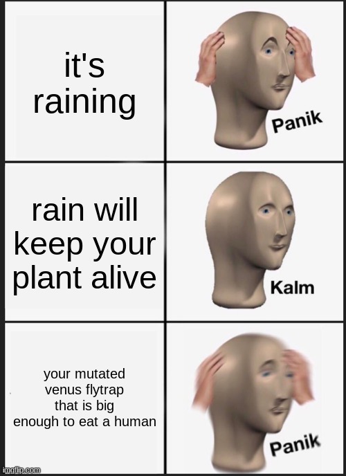 IN ANOTHER WORLD... | it's raining; rain will keep your plant alive; your mutated venus flytrap that is big enough to eat a human | image tagged in memes,panik kalm panik | made w/ Imgflip meme maker
