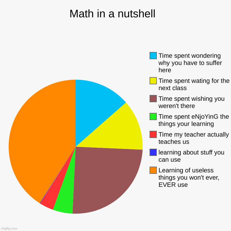 Math in a nutshell | Math in a nutshell  | Learning of useless things you won't ever, EVER use, learning about stuff you can use, Time my teacher actually teache | image tagged in charts,pie charts | made w/ Imgflip chart maker