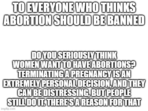 Blank White Template | TO EVERYONE WHO THINKS ABORTION SHOULD BE BANNED; DO YOU SERIOUSLY THINK WOMEN WANT TO HAVE ABORTIONS? TERMINATING A PREGNANCY IS AN EXTREMELY PERSONAL DECISION, AND THEY CAN BE DISTRESSING, BUT PEOPLE STILL DO IT. THERE'S A REASON FOR THAT | image tagged in blank white template | made w/ Imgflip meme maker