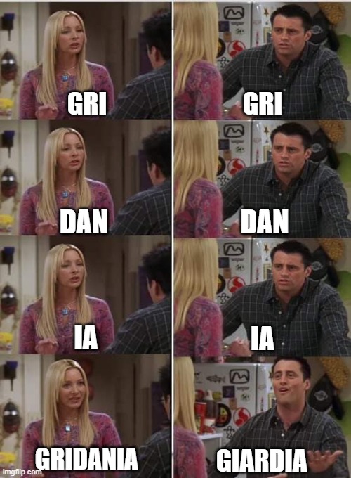 FFXIV - My friends tryna teach me how to say "Gridania" | GRI; GRI; DAN; DAN; IA; IA; GRIDANIA; GIARDIA | image tagged in phoebe joey | made w/ Imgflip meme maker