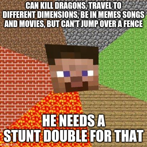 bruh | CAN KILL DRAGONS, TRAVEL TO DIFFERENT DIMENSIONS, BE IN MEMES SONGS AND MOVIES, BUT CAN'T JUMP OVER A FENCE; HE NEEDS A STUNT DOUBLE FOR THAT | image tagged in minecraft steve | made w/ Imgflip meme maker