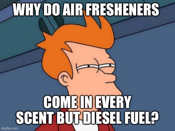 Futurama Fry Meme | WHY DO AIR FRESHENERS; COME IN EVERY SCENT BUT DIESEL FUEL? | image tagged in memes,futurama fry | made w/ Imgflip meme maker