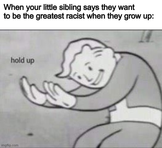Shitpost 100 | When your little sibling says they want to be the greatest racist when they grow up: | image tagged in fallout hold up | made w/ Imgflip meme maker
