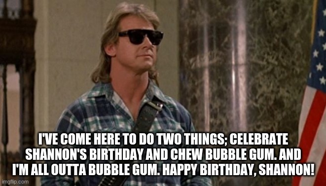Roddy Piper Birthday | I'VE COME HERE TO DO TWO THINGS; CELEBRATE SHANNON'S BIRTHDAY AND CHEW BUBBLE GUM. AND I'M ALL OUTTA BUBBLE GUM. HAPPY BIRTHDAY, SHANNON! | image tagged in roddy piper,they live,happy birthday,shannon | made w/ Imgflip meme maker