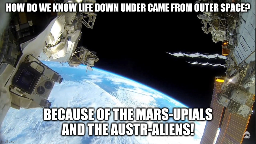 Space | HOW DO WE KNOW LIFE DOWN UNDER CAME FROM OUTER SPACE? BECAUSE OF THE MARS-UPIALS AND THE AUSTR-ALIENS! | image tagged in space | made w/ Imgflip meme maker
