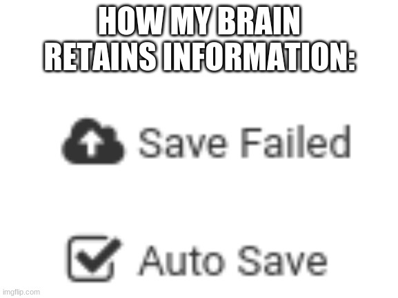 save failed | HOW MY BRAIN RETAINS INFORMATION: | image tagged in memes,blank white template | made w/ Imgflip meme maker