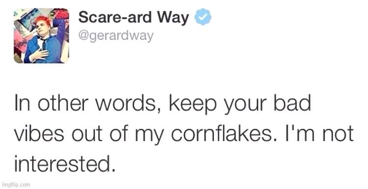 keep your bad vibes out of my cornflakes | image tagged in keep your bad vibes out of my cornflakes | made w/ Imgflip meme maker
