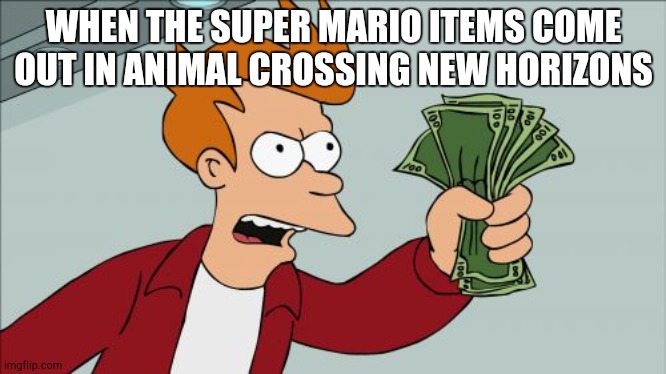 Shut Up And Take My Money Fry Meme | WHEN THE SUPER MARIO ITEMS COME OUT IN ANIMAL CROSSING NEW HORIZONS | image tagged in memes,shut up and take my money fry | made w/ Imgflip meme maker