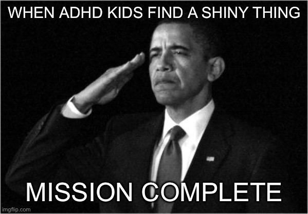 obama-salute | WHEN ADHD KIDS FIND A SHINY THING; MISSION COMPLETE | image tagged in obama-salute | made w/ Imgflip meme maker
