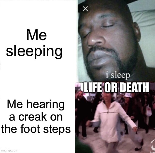 Sleeping Shaq | Me sleeping; LIFE OR DEATH; Me hearing a creak on the foot steps | image tagged in memes,sleeping shaq | made w/ Imgflip meme maker