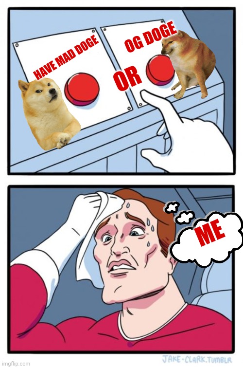 ONE CHOICE | OG DOGE; HAVE MAD DOGE; OR; ME | image tagged in memes,two buttons | made w/ Imgflip meme maker
