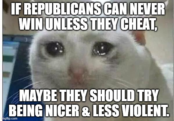 Violent Retrumplicans always try to cheat to win | IF REPUBLICANS CAN NEVER
WIN UNLESS THEY CHEAT, MAYBE THEY SHOULD TRY BEING NICER & LESS VIOLENT. | image tagged in crying,republicans,losers,election,violence,rioters | made w/ Imgflip meme maker