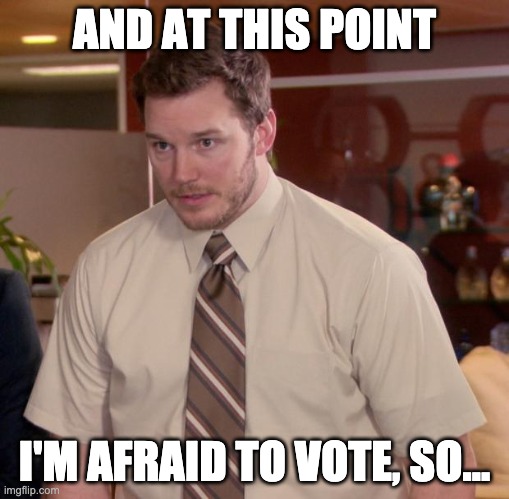 Afraid To Ask Andy Meme | AND AT THIS POINT I'M AFRAID TO VOTE, SO... | image tagged in memes,afraid to ask andy | made w/ Imgflip meme maker