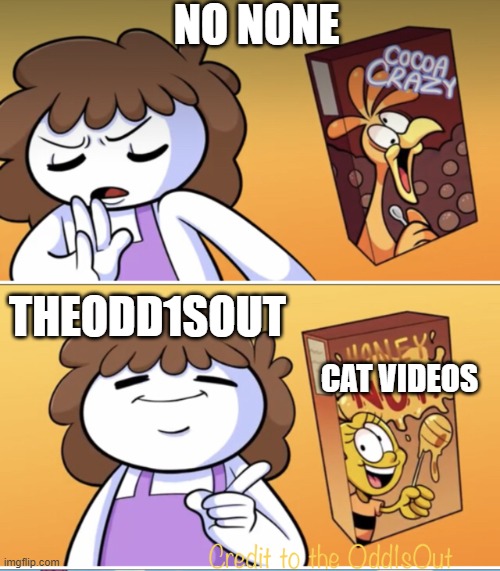 theodd1sout cat videos | NO NONE; THEODD1SOUT; CAT VIDEOS | image tagged in drake odd1sout,no one,cat memes,theodd1sout | made w/ Imgflip meme maker