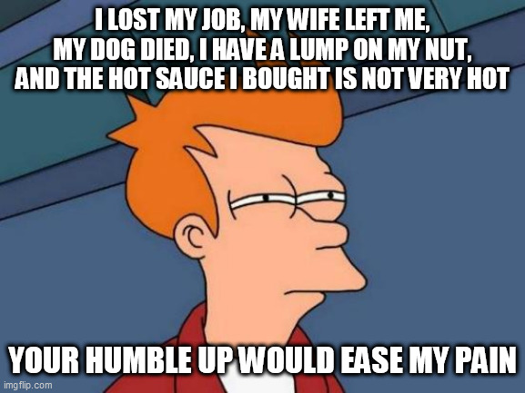 Futurama Fry Meme |  I LOST MY JOB, MY WIFE LEFT ME, MY DOG DIED, I HAVE A LUMP ON MY NUT, AND THE HOT SAUCE I BOUGHT IS NOT VERY HOT; YOUR HUMBLE UP WOULD EASE MY PAIN | image tagged in memes,futurama fry | made w/ Imgflip meme maker