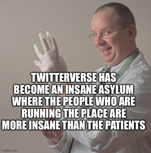 Twitterverse Insanity | TWITTERVERSE HAS BECOME AN INSANE ASYLUM WHERE THE PEOPLE WHO ARE RUNNING THE PLACE ARE MORE INSANE THAN THE PATIENTS | image tagged in insane doctor | made w/ Imgflip meme maker