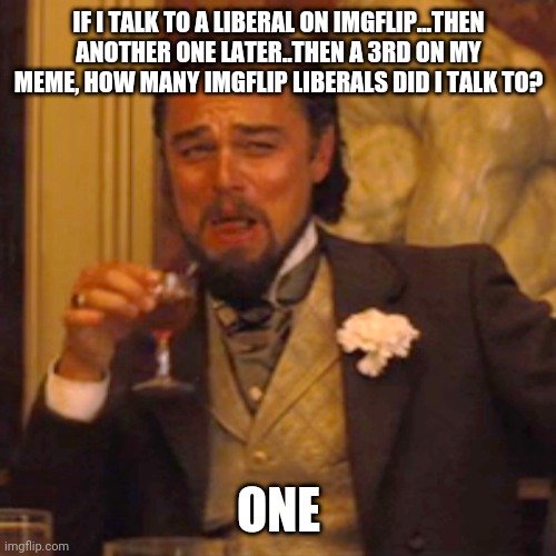 Laughing Leo | IF I TALK TO A LIBERAL ON IMGFLIP...THEN ANOTHER ONE LATER..THEN A 3RD ON MY MEME, HOW MANY IMGFLIP LIBERALS DID I TALK TO? ONE | image tagged in memes,laughing leo | made w/ Imgflip meme maker