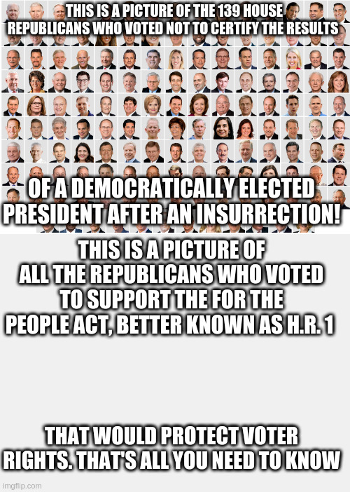 One Party Supports Democracy, One Does Not | THIS IS A PICTURE OF THE 139 HOUSE REPUBLICANS WHO VOTED NOT TO CERTIFY THE RESULTS; OF A DEMOCRATICALLY ELECTED PRESIDENT AFTER AN INSURRECTION! THIS IS A PICTURE OF ALL THE REPUBLICANS WHO VOTED TO SUPPORT THE FOR THE PEOPLE ACT, BETTER KNOWN AS H.R. 1; THAT WOULD PROTECT VOTER RIGHTS. THAT'S ALL YOU NEED TO KNOW | image tagged in hr1,democracy,capitol insurrection,republicans | made w/ Imgflip meme maker