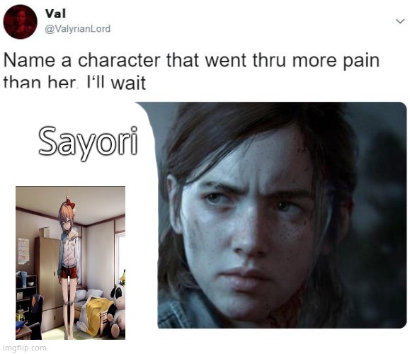 Name a Character | Sayori | image tagged in name a character | made w/ Imgflip meme maker