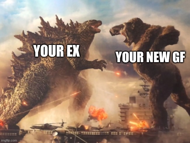 Godzilla VS. kong | YOUR NEW GF; YOUR EX | image tagged in godzilla vs kong,girlfriend,ex girlfriend | made w/ Imgflip meme maker