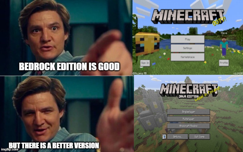 how my mind see minecraft | BEDROCK EDITION IS GOOD; BUT THERE IS A BETTER VERSION | image tagged in life is good but it can be better | made w/ Imgflip meme maker
