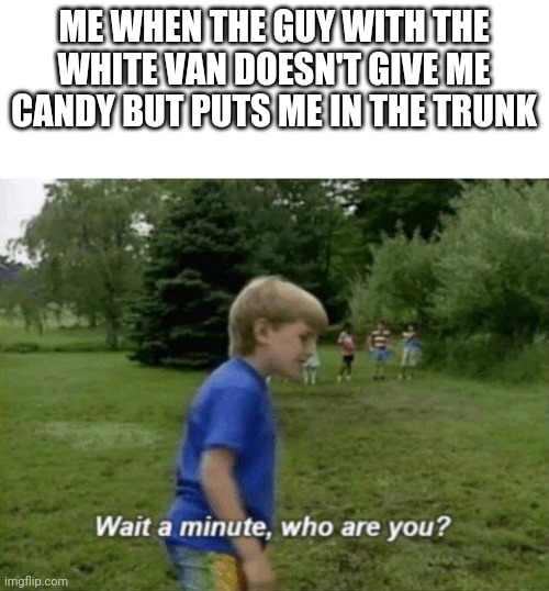 Wait a minute, who are you? | ME WHEN THE GUY WITH THE WHITE VAN DOESN'T GIVE ME CANDY BUT PUTS ME IN THE TRUNK | image tagged in wait a minute who are you | made w/ Imgflip meme maker