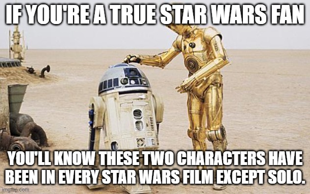 Not everyone realizes this. | IF YOU'RE A TRUE STAR WARS FAN; YOU'LL KNOW THESE TWO CHARACTERS HAVE BEEN IN EVERY STAR WARS FILM EXCEPT SOLO. | image tagged in r2d2 c3po,star wars,the more you know,the moment you realize,star wars fan | made w/ Imgflip meme maker