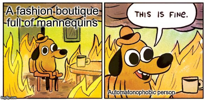 This Is Fine | A fashion boutique full of mannequins; Automatonophobic person | image tagged in memes,this is fine,automatonophobia | made w/ Imgflip meme maker