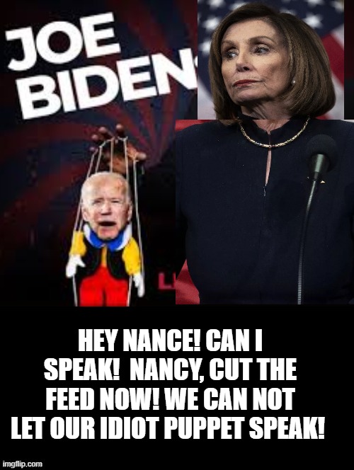 Hey Nance can I speak?  Mike gets cut off by the Puppetmasters! | HEY NANCE! CAN I SPEAK!  NANCY, CUT THE FEED NOW! WE CAN NOT LET OUR IDIOT PUPPET SPEAK! | image tagged in stupid liberals,morons,biden,nancy pelosi,puppet,idiots | made w/ Imgflip meme maker