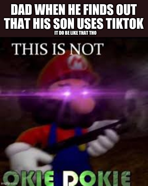 This is not okie dokie | DAD WHEN HE FINDS OUT THAT HIS SON USES TIKTOK; IT DO BE LIKE THAT THO | image tagged in this is not okie dokie | made w/ Imgflip meme maker