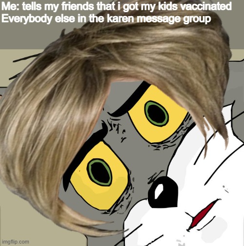 Karen Chat | Me: tells my friends that i got my kids vaccinated
Everybody else in the karen message group | image tagged in memes,unsettled tom | made w/ Imgflip meme maker