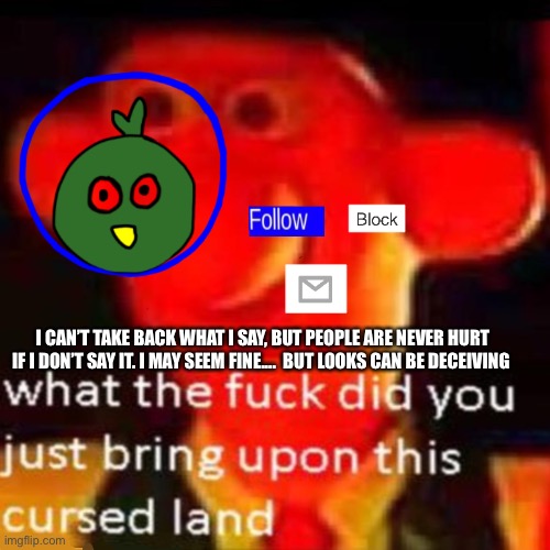Rjakflaidujsdjsjbxnekoayxjsjaixjskapdi | I CAN’T TAKE BACK WHAT I SAY, BUT PEOPLE ARE NEVER HURT IF I DON’T SAY IT. I MAY SEEM FINE....  BUT LOOKS CAN BE DECEIVING | made w/ Imgflip meme maker