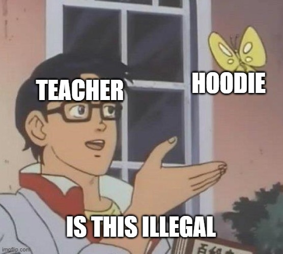 Is This A Pigeon | HOODIE; TEACHER; IS THIS ILLEGAL | image tagged in memes,is this a pigeon | made w/ Imgflip meme maker