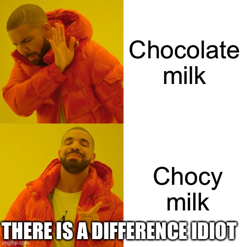 Drake Hotline Bling Meme | Chocolate milk Chocy milk THERE IS A DIFFERENCE IDIOT | image tagged in memes,drake hotline bling | made w/ Imgflip meme maker