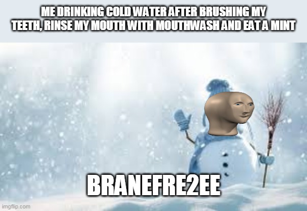 Brane fre2ee | ME DRINKING COLD WATER AFTER BRUSHING MY TEETH, RINSE MY MOUTH WITH MOUTHWASH AND EAT A MINT; BRANEFRE2EE | image tagged in meme man | made w/ Imgflip meme maker