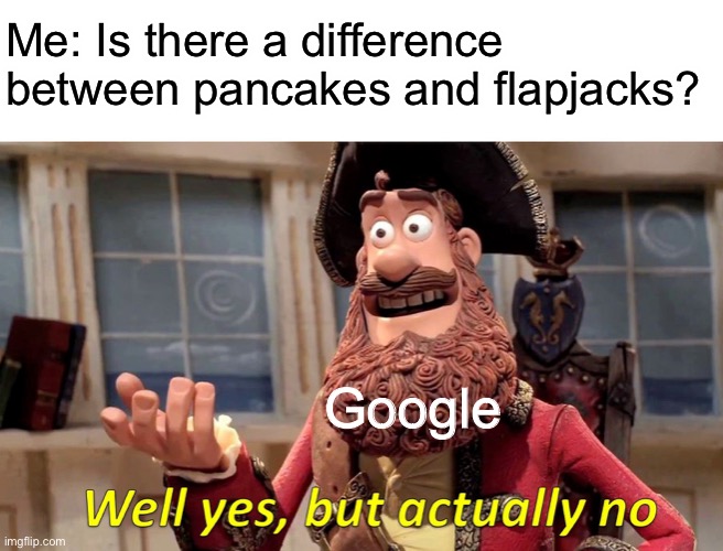 Well Yes, But Actually No | Me: Is there a difference between pancakes and flapjacks? Google | image tagged in memes,well yes but actually no,pancakes | made w/ Imgflip meme maker