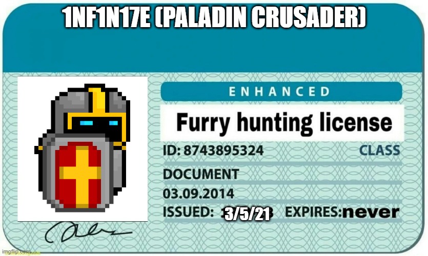 Yes, I would be furry hunting in 8-bit... Curse the furry memes I get from my feed | 1NF1N17E (PALADIN CRUSADER); 3/5/21 | image tagged in furry hunting license | made w/ Imgflip meme maker