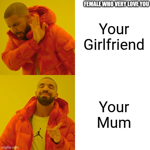 Yes | Your Girlfriend; FEMALE WHO VERY LOVE YOU; Your Mum | image tagged in memes,drake hotline bling | made w/ Imgflip meme maker