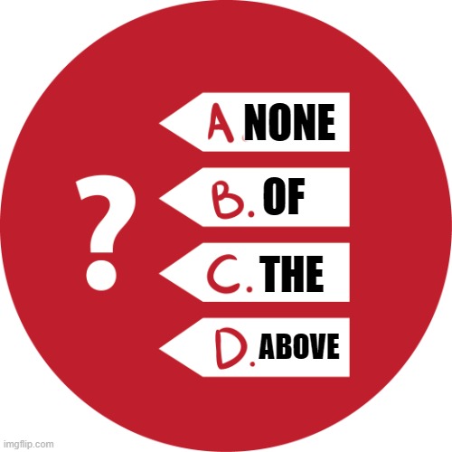 MULTIPLE CHOICE | NONE OF THE ABOVE | image tagged in multiple choice | made w/ Imgflip meme maker