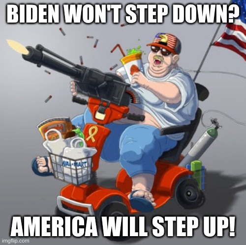 mobility scooter conservative alt right tardo | BIDEN WON'T STEP DOWN? AMERICA WILL STEP UP! | image tagged in mobility scooter conservative alt right tardo,take america back,qanon,alt right,conservative logic | made w/ Imgflip meme maker