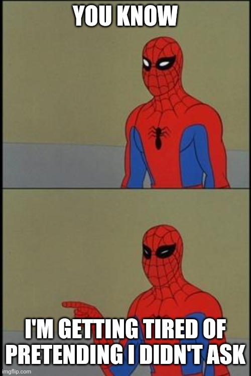 spiderman humor | YOU KNOW I'M GETTING TIRED OF PRETENDING I DIDN'T ASK | image tagged in spiderman humor | made w/ Imgflip meme maker