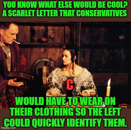 scarlet letter | YOU KNOW WHAT ELSE WOULD BE COOL? A SCARLET LETTER THAT CONSERVATIVES C WOULD HAVE TO WEAR ON THEIR CLOTHING SO THE LEFT COULD QUICKLY IDENT | image tagged in scarlet letter | made w/ Imgflip meme maker