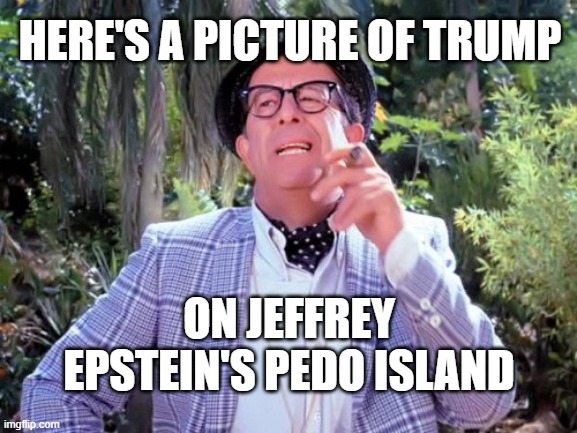 Trump on Epstein's Island | HERE'S A PICTURE OF TRUMP; ON JEFFREY EPSTEIN'S PEDO ISLAND | image tagged in funny | made w/ Imgflip meme maker