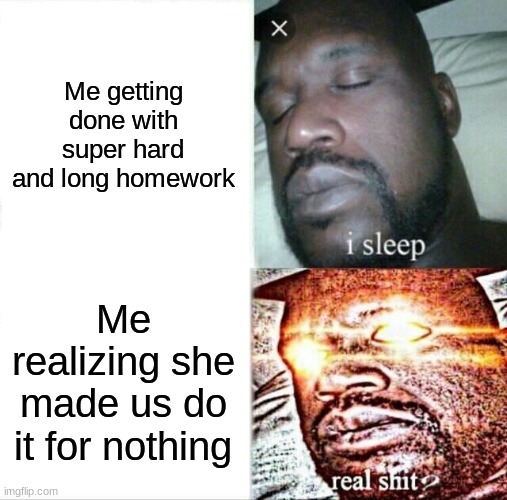 Sleeping Shaq |  Me getting done with super hard and long homework; Me realizing she made us do it for nothing | image tagged in memes,sleeping shaq | made w/ Imgflip meme maker
