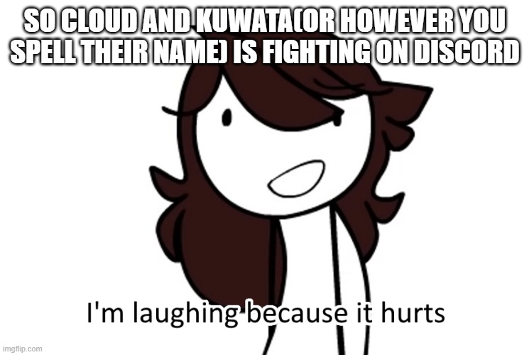 I accidentally walked right into their argument | SO CLOUD AND KUWATA(OR HOWEVER YOU SPELL THEIR NAME) IS FIGHTING ON DISCORD | image tagged in i m laughing because it hurts | made w/ Imgflip meme maker