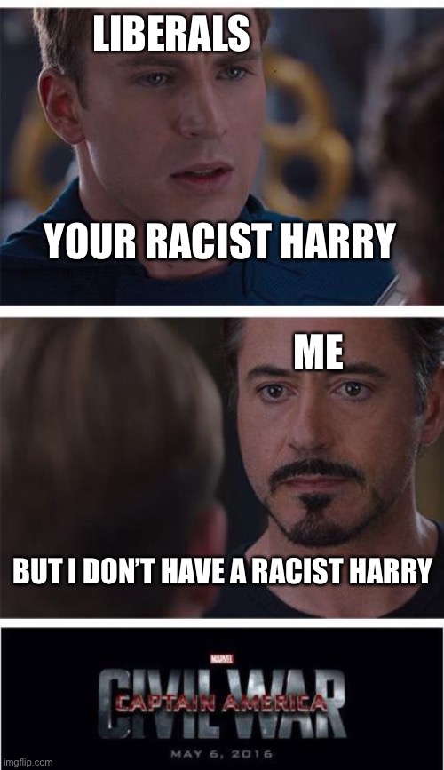 Marvel Civil War 1 Meme | LIBERALS ME YOUR RACIST HARRY BUT I DON’T HAVE A RACIST HARRY | image tagged in memes,marvel civil war 1 | made w/ Imgflip meme maker